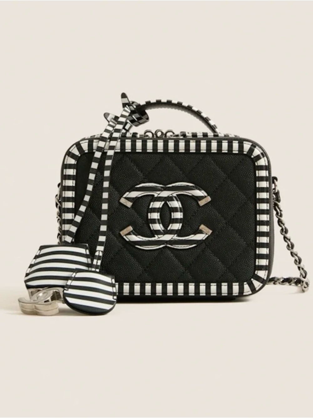 CHANEL Black Quilted Camera Bag with Black & White Striped Trim